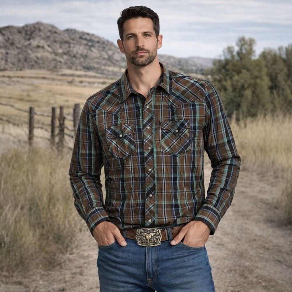 Cowboy Up Western Plaid Snap Shirt Men’s XL Classic Fit Brown Cotton‎